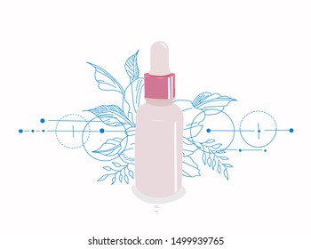 Vector illustration of a bottle of cosmetic serum. Skin care cream. Anti-wrinkle. Advertising layout with flowers and greenery. Isolated on white background.