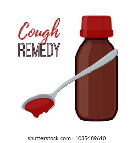 Vector illustration of bottle with cough remedy, liquid medicine. Treatment of flu, illness, disease. Made in cartoon flat style
