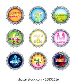 Vector illustration of bottle cups set, decorated with different objects.