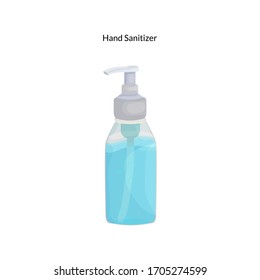 Vector illustration with a bottle of disinfectant with a dispenser. Gel for treating hands from infections and bacteria and viruses. Disinfect hands