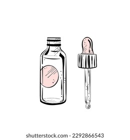 Vector illustration of bottle and dropper on white background. Black outline, graphic drawing. For postcards, design and composition decoration, prints, poster, stickers, souvenir, tattoo, stamp, logo