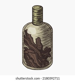 Vector illustration of bottle with dry leaves inside for halloween, decoration for fairy tale books, notebooks, scrapbook design, game icons.