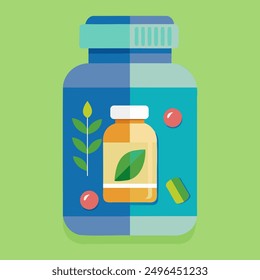 Vector illustration of a bottle with eco vitamins or drugs: a modern design highlighting natural and sustainable health solutions, perfect for promoting organic and eco-friendly products.



