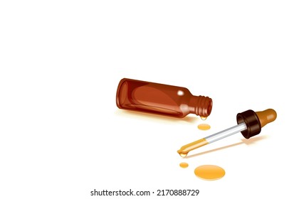 Ilustración vectorial de la botella de aceite esencial y pipeta con gota sobre superficie blanca, aceites esenciales goteo de la botella, gotero de vidrio con líquido derramado sobre el suelo.Beneficios de los productos naturales.