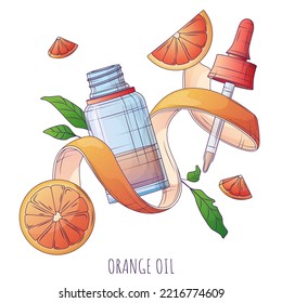 Vector illustration of bottle of essential oil, orange slice, leaves. Glass bottle with dropper. Orange essential oil. Pipette. Cosmetic, perfumery, aromatherapy.