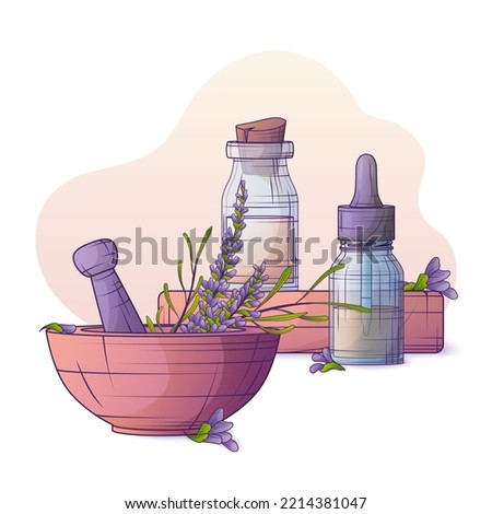Vector illustration of bottle of essential oil, mortar and pestle, lavender flower. Glass bottle with dropper. Lavandula essential oil. Cosmetic, perfumery and medicinal plant.