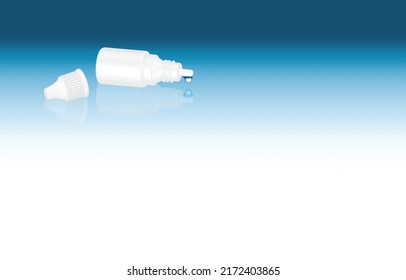Ilustración vectorial de la botella de colirio con gota, botellas de plástico blanco abiertas, mofa de la cuentagotas de los ojos, recipiente de colirio, sobre la superficie de vidrio azul.Cuidado de la vista, visibilidad,Producto de acondicionamiento farmacéutico
