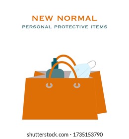 Vector illustration of bottle and face mask in handbag concept of personal protective items that people should carry all the time as new normal lifestyle after covid-19 coronavirus Pandemic lockdown
