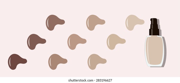 vector illustration of a bottle of foundation, with many different shades splashes, on pink background