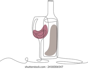 Vector Illustration of Bottle and Glass with Abstract Stains Line Art, 