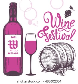 Vector illustration with bottle, glass, cask in sketch style. Set with alcoholic beverages. Wine festival. Brush calligraphy elements for your design. Handwritten ink lettering.