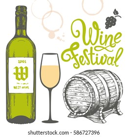 Vector illustration with bottle, glass, cask in sketch style. Alcoholic beverages set. Wine festival. Brush calligraphy elements for your design. Handwritten ink lettering.