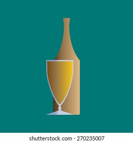 Vector illustration of bottle and glass filled with beer or fresh drink. 