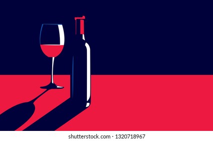 Dibujo vectorial de una botella y un vaso de vino tinto en la mesa en un estilo minimalista y elegante vintage.