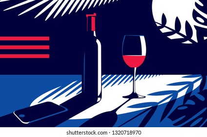 Vector illustration of a bottle and a glass of red wine and a cell phone near on the table in vintage style on the background of the moon and tropical leaves.