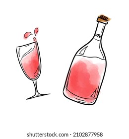 Vector illustration with a bottle and a glass of red wine in watercolor style. Vector illustration with drinks, for packaging, bars, cafes, menus.