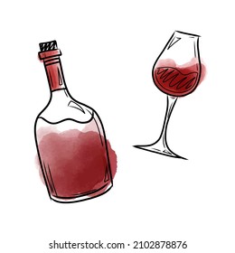 Vector illustration with a bottle and a glass of red wine in watercolor style. Vector illustration with drinks, for packaging, bars, cafes, menus.