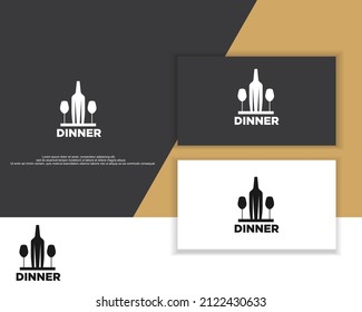 Ilustración vectorial de la botella y el vaso de vino tinto sobre la mesa en un elegante estilo vintage minimalista.tenedor en espacio negativo.