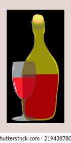 Vector illustration of bottle and glass with red wine. Isolated on black background.