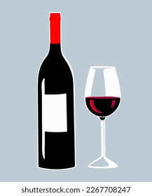 Vector illustration of a bottle and a glass of red wine on blue background