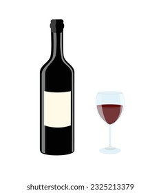 Ilustración vectorial de una botella y un vaso de vino tinto.