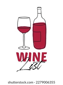 Vector illustration of bottle and glass of sweet or dry red Wine. Icon, emblem, simple sketch for café, bar or restaurant menu design. Wine tasting, wine card, wine list