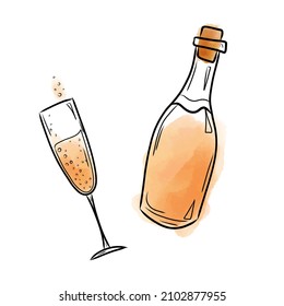 Vector illustration with a bottle and a glass of white wine in watercolor style. Vector illustration with drinks, for packaging, bars, cafes, menus.