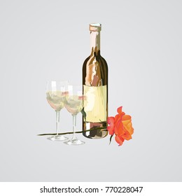ilustración vectorial de la botella y del vaso de vino y de la flor de rosa
