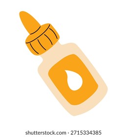 Ilustração vetorial de uma garrafa de cola para artesanato infantil e arte. Recipiente bege com uma tampa laranja e um rótulo com uma gota.