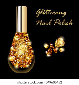 Vector illustration of bottle with gold glittering nail polish. Lights, sparkles and golden dust.