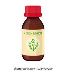 Vector illustration of bottle with herbal cough remedy, herbal medicine. Treatment of flu, illness, disease. Made in cartoon flat style