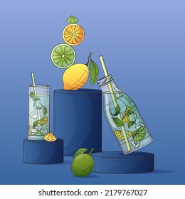 Vector illustration from bottle of lemonade, glass of juice, lime, lemon slice of lemon. Hand- drawn composition for poster or banner, menu design, cafe, shop design, decoration of postcard, cover.