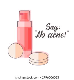 Vector illustration of a bottle with lotion and text. No acne. Isolated background.