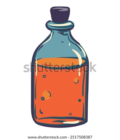 Vector illustration of a bottle with a love potion. Magic vials with green potion and eyes for witchcraft, cartoon elixir, poison and antidote. Flat style.