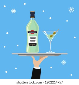 Vector illustration of bottle of martini and glass on tray on blue background