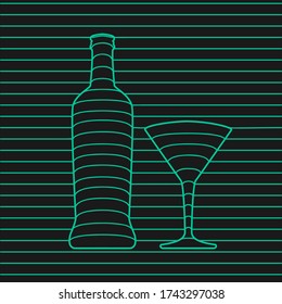 Vector illustration of bottle martini and glass with 3d effects. Minimalist style. Neon color. Lines design. Alcoholic product for restaurants and bars.