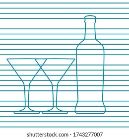 Vector illustration of bottle martini with two glasses. Lines art, flat design. Minimalism for icons. Alcoholic product for restaurant and bar using. 