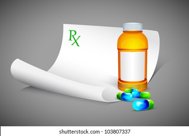 vector illustration of bottle of medical capsule with prescription