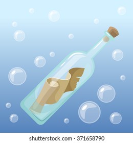 Vector illustration. A bottle with a message floating in the sea.
