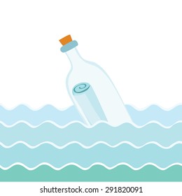Vector illustration of bottle with message inside in the waves