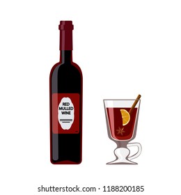 Vector illustration of bottle mulled wine with glass, isolated on white background