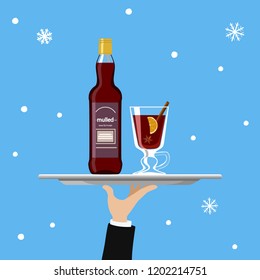 Vector illustration of bottle of mulled wine and glass on tray on blue background