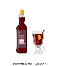 Vector illustration of bottle of mulled wine and glass on white background