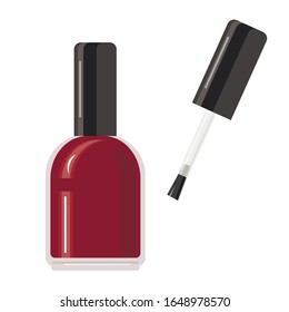 vector illustration of a bottle of nail polish.  red nail polish in the glass.  manicure brush.  art for fashion beauty industry