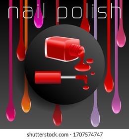 ilustración vectorial de una botella de esmalte de uñas abierto y derramado sobre un fondo negro con grandes gotas de barniz de diferentes colores.