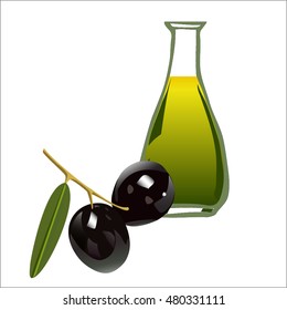 vector illustration with bottle of oil and branch of olive