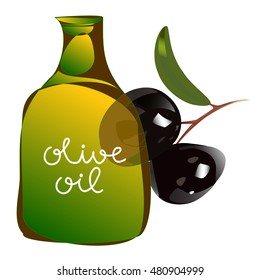 vector illustration with bottle of oil and branch of olive