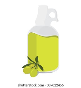 Vector illustration bottle with olive oil extra virgin and branch of green olives with leaves or cooking, gastronomy, oil and vegetarian design