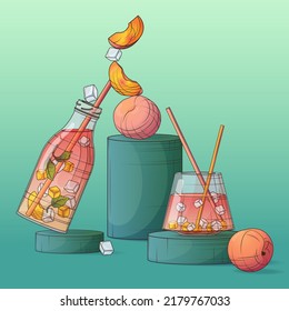 Vector illustration of bottle of peach juice, glass of juice, peach and ice. Hand- drawn composition for poster or banner, menu design, cafe, shop design, decoration of postcard, cover. Summer concept