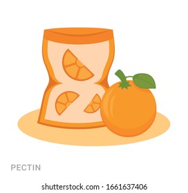 Vektorillustration Illustration einer Flasche mit Pektin und Orange. Lebensmittelzusatzstoff auf weißem Hintergrund.